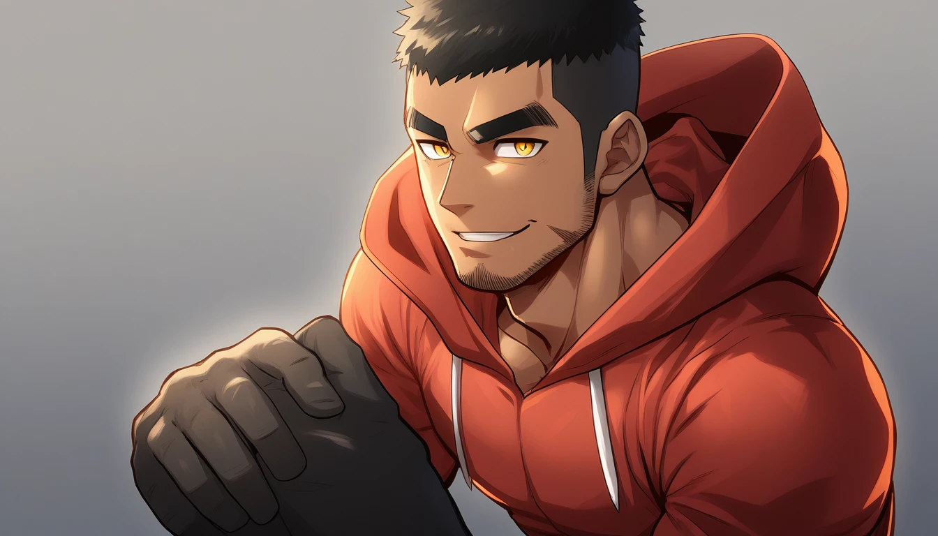 anime characters:Gyee, Young Muscle Sports Teacher, negro black skin, Buzz Cut, Manliness, male focus, Dark red long-sleeved hooded sweatshirt, Very tight, muscular male, muscular, only, Upper body, alone, Black short hair, Thick eyebrows, stubble, Yellow eyes, Grey background, simple background, amazing quality, best aesthetics, Ridiculous, bright pupils, crew cut, parted lips, seductive smile, torogao, naughty face, best quality