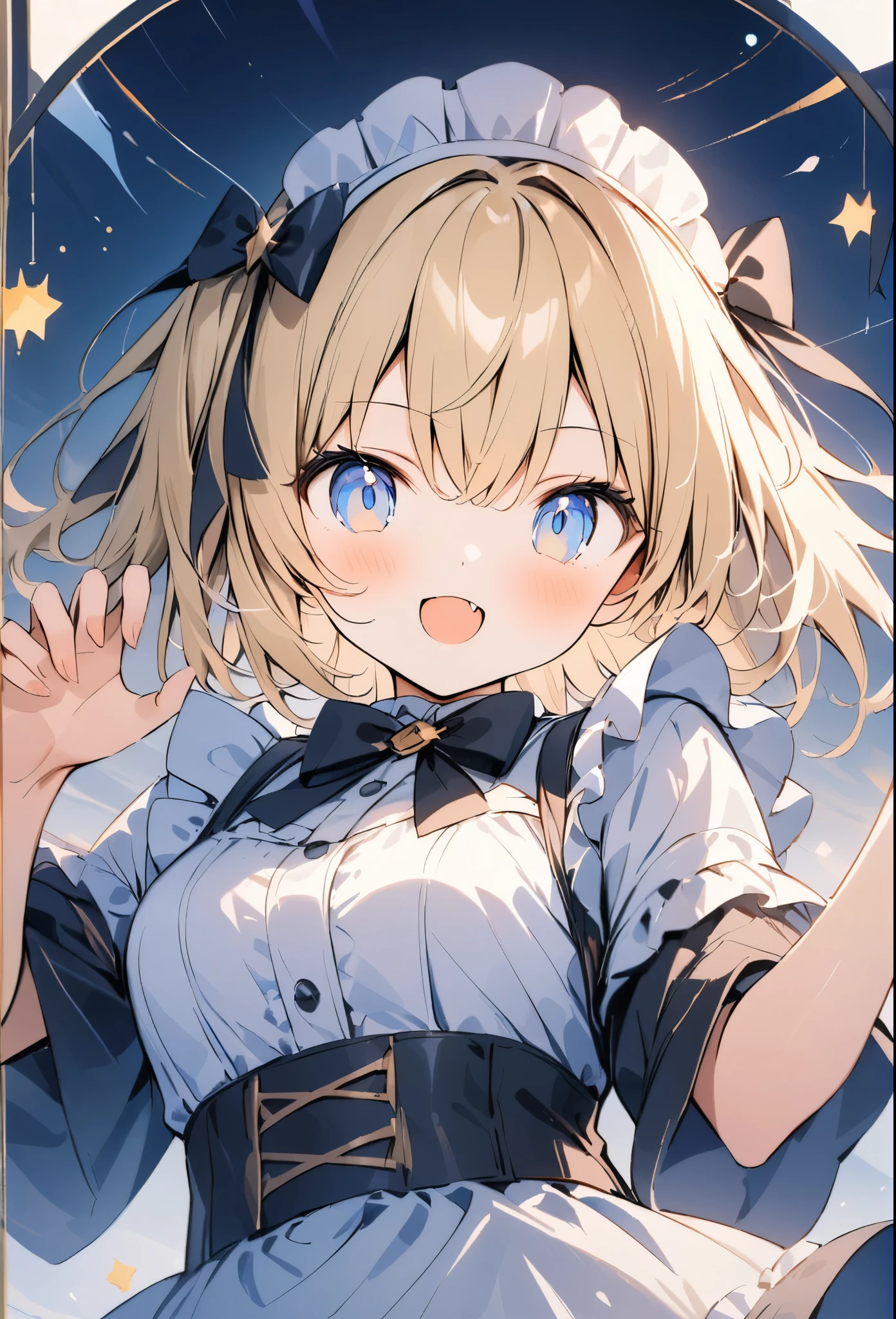 absurdres,watercolor,oil,超High resolution, Attention to detail, high quality, High resolution, 最high quality, 4K, 8K, Awards, (artwork),Night House、A beautiful candle flame、(Lens flare:1.3),Maid clothes、blondes、blue eyes、(claw pose),close-up,(fang)、gibson tuck hair