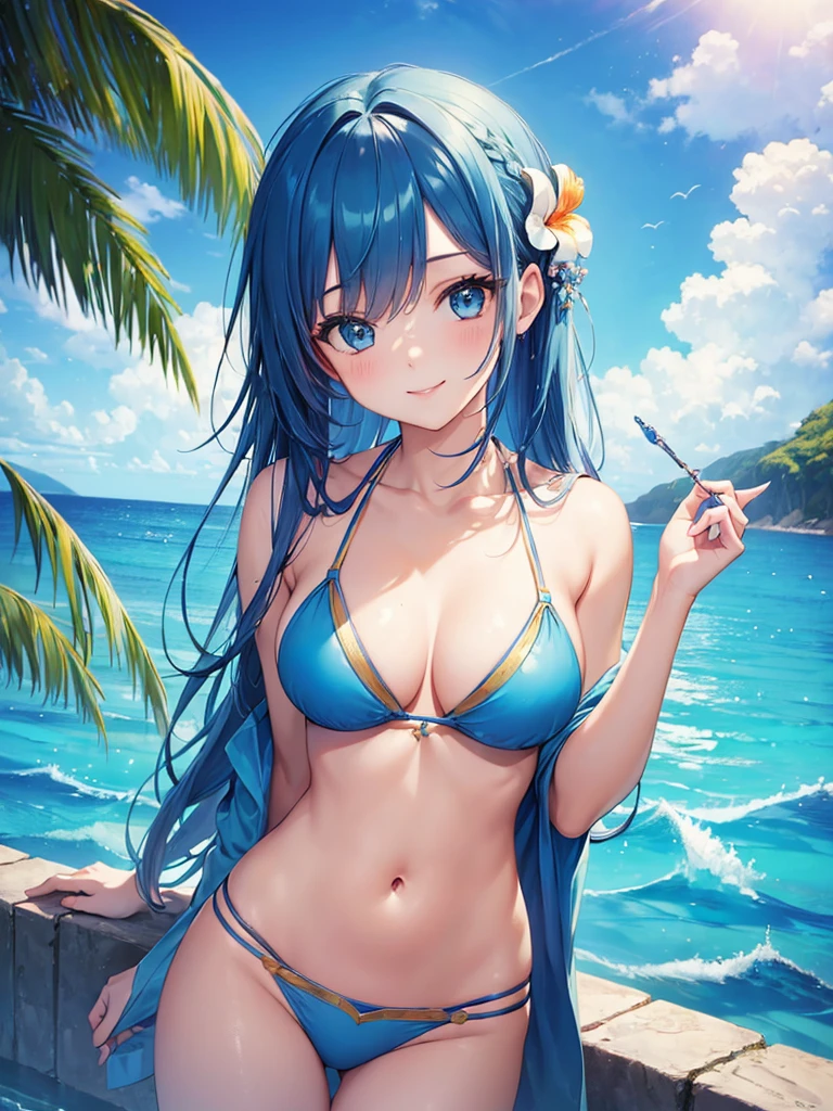 (masterpiece:1.5),(Beat quality),(high res),1girl solo,beautiful face,smile,upper body,light effects,Blue haired woman in bikini,Tropical Sea