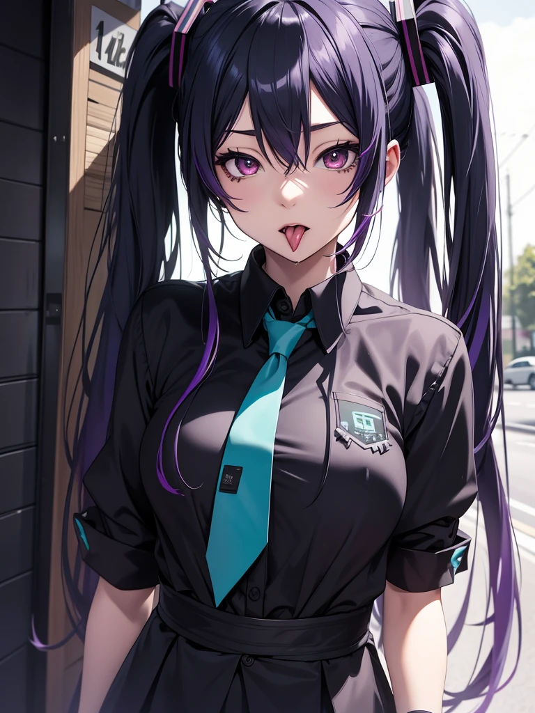 hatsune miku, emo, goth, black and purple hair, red eyes, school wear, showing the tongue, big tits