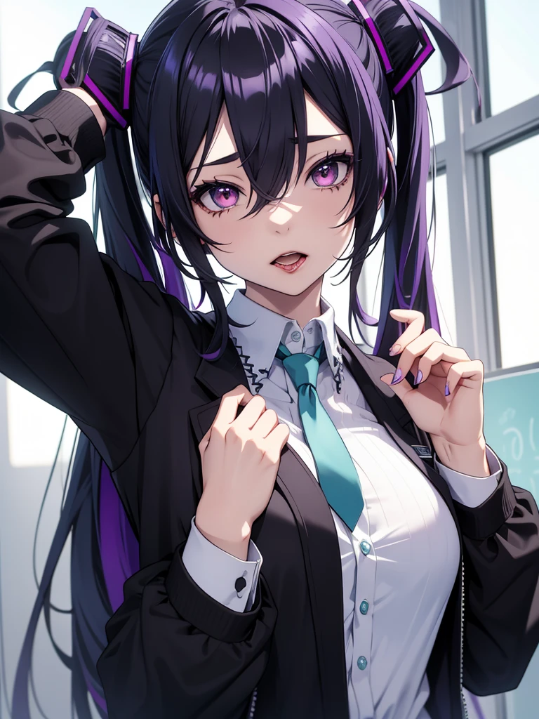 hatsune miku, emo, goth, black and purple hair, red eyes, school wear, showing the tongue, big tits
