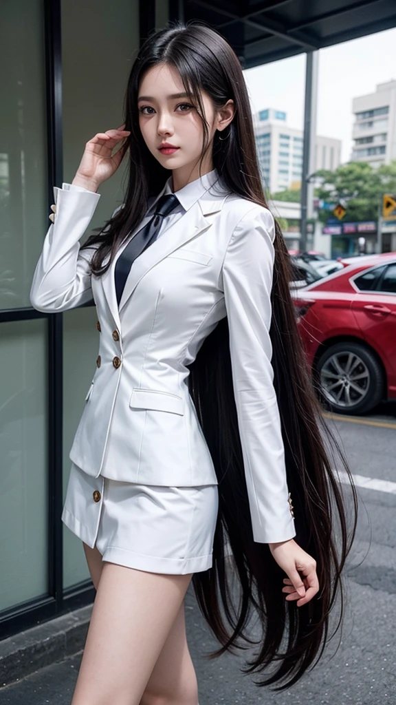 woman, short skirt, รัดtight, white, (สาวสวยTwo meter long hair, My hair is very long., extra long hair, long black hair), (suitสไตล์อิตาลี, suitสองปุ่ม), (Italian suit, white suit, Set of two buttons), (ใส่สูทwoman, Business woman&#39;suit, white), (suitwomanwhite), (เสื้อเชิ้ตwhite), necktie, (necktieสั้นสีดำ, necktieสีดำ, necktieผอม, ถักnecktie), (military rank insignia), (Short pencil skirtwhite), (Dynamic posts), full body, (A gigantic rift), (big breasts, thin body, small waist, hips raised, small thighs, Long legs), high-heelsสีดำ, (Short pencil skirt, white), Wearing a suit for a business woman, (Wearing a white businessuit, สูทนักธุรกิจหญิงwhite), (tight, military regalia, เสื้อwhite, กระโปรงwhite), (black shoes), (Two gold suit buttons, Two meter long hair, suitเข้ารูป, เสื้อสูทwhiteทรงธรรมดารัดรูป), (black shoes, high-heels), (stand, walk, elegant posture, Dynamic posts), short dress, earring, garden, monument