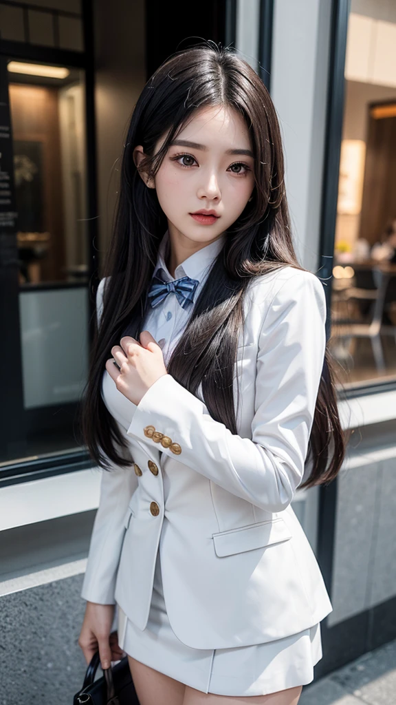 woman, short skirt, รัดtight, white, (สาวสวยTwo meter long hair, My hair is very long., extra long hair, long black hair), (suitสไตล์อิตาลี, suitสองปุ่ม), (Italian suit, white suit, Set of two buttons), (ใส่สูทwoman, Business woman'suit, white), (suitwomanwhite), (เสื้อเชิ้ตwhite), necktie, (necktieสั้นสีดำ, necktieสีดำ, necktieผอม, ถักnecktie), (military rank insignia), (Short pencil skirtwhite), (Dynamic posts), full body, (A gigantic rift), (big breasts, thin body, small waist, hips raised, small thighs, Long legs), high-heelsสีดำ, (Short pencil skirt, white), Wearing a suit for a business woman, (Wearing a white businessuit, สูทนักธุรกิจหญิงwhite), (tight, military regalia, เสื้อwhite, กระโปรงwhite), (black shoes), (Two gold suit buttons, Two meter long hair, suitเข้ารูป, เสื้อสูทwhiteทรงธรรมดารัดรูป), (black shoes, high-heels), (stand, walk, elegant posture, Dynamic posts), short dress, earring, garden, monument