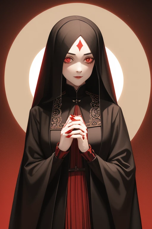 Zoe Benson from American Horror Story 1920s Vampire long curly hair vintage pointy ears red eyes Gothic nun clothing black vintage decorations Steampunk holding a blood moon mirror looking directly at viewer red background
