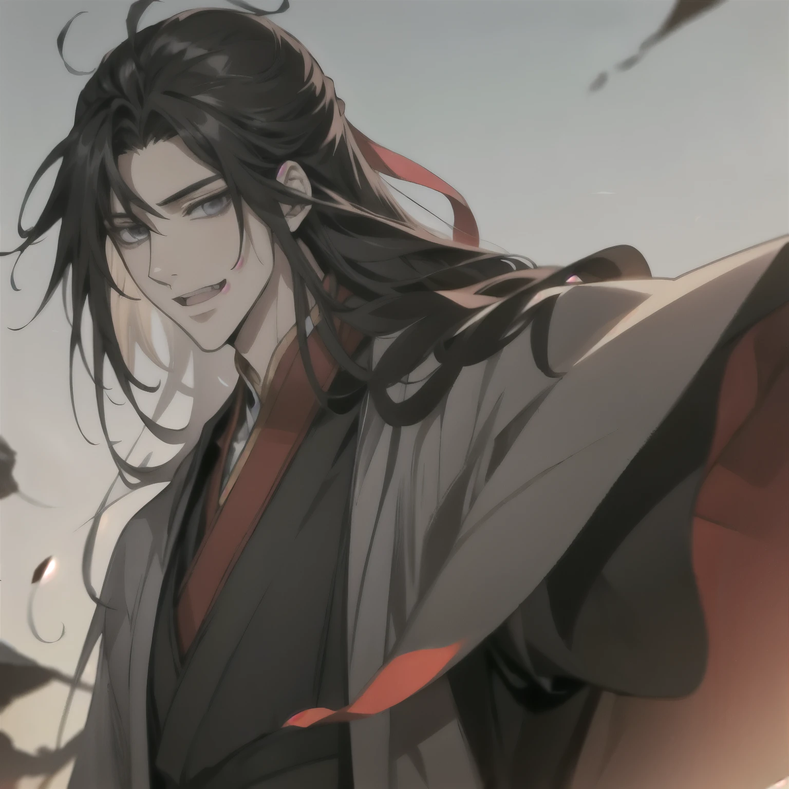 (masterpiece, best quality:1.2), 1male, solo, wei wuxian, mo dao zu shi, mdzs, black clothes, grey eyes, long black hair, perfect anatomy, laugh