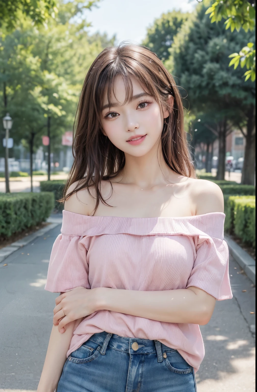 ((masterpiece: 1.3),8K, Realistic, RAW Photos, Highest quality: 1.4), (One Girl),Anatomically correct fingers、Anatomically correct hand、 beautiful顔, (Realistic Face), (Brown long hair: 1.3), (((Morning Park)),beautifulヘアスタイル, (bangs), (smile), Brown Eyes、smile, Realistic eyes, Gloss, highlight, highlight in the Eyes, eyelash, 目の中のbeautifulディテール, (Realistic Skin), (((Full Body Shot、pink off shoulder、Short jeans)))、beautiful肌, Transparency、(beautiful)、 bust, smile, teeth, Confused, charm, 超High resolution, Ultra-realistic, High resolution, Golden Ratio, Clear eyes, Wet, Mole, Looking into the camera, ear, Shine, Long neck, double eyelid, Big eyes, cheek, kind character, charm personality, kind, Move, 圧倒的なcharm, bright personality