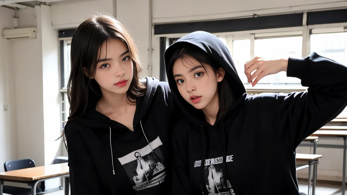 deux femmes ensemble de 18 ans sexy et mince , black short sleeve hoodie , salle de classe, se touche,position sey,sensuel