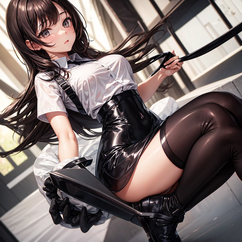 girl in a white shirt and black skirt ,in black tight tights ,brown-haired , wearing full-length rubber gloves
