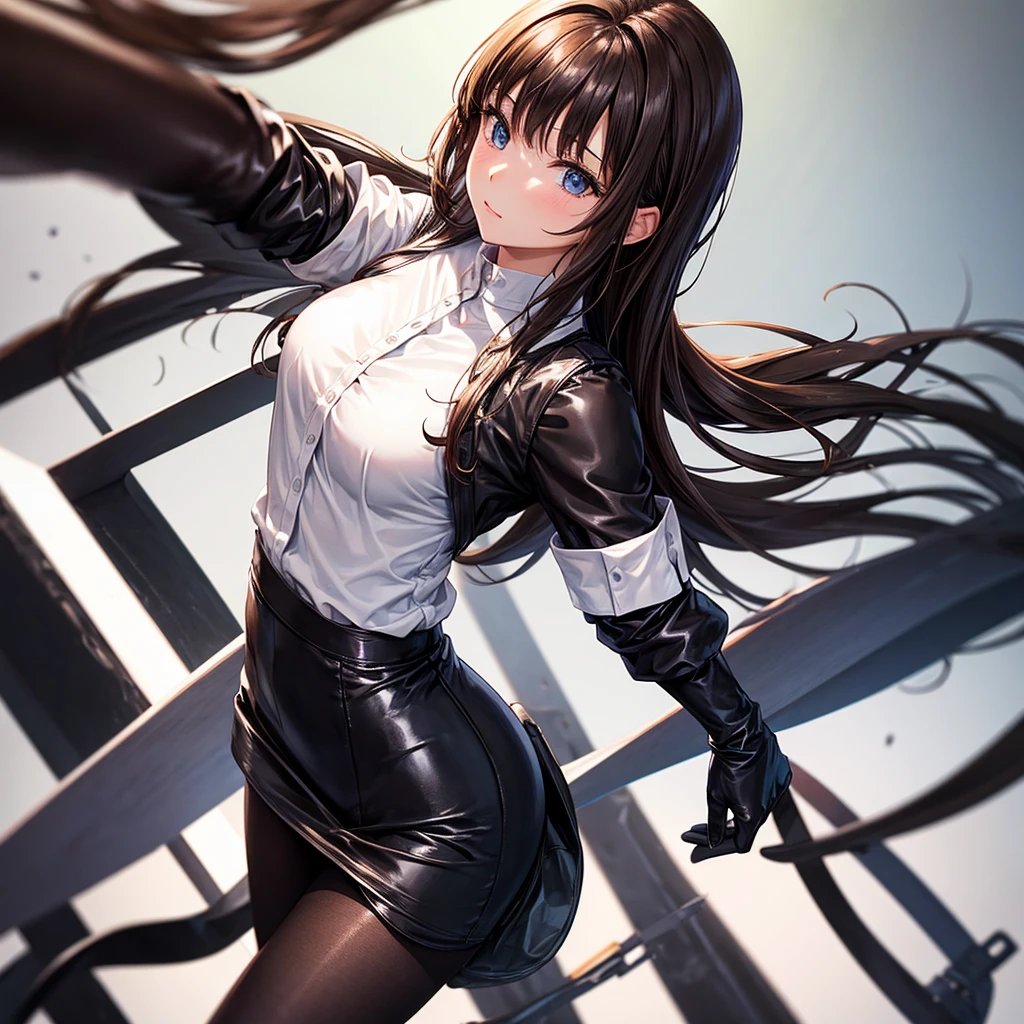 girl in a white shirt and black skirt ,in black tight tights ,brown-haired , wearing full-length rubber gloves