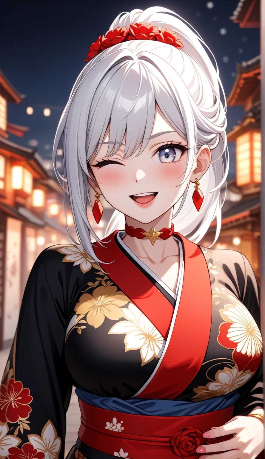 ((One personの女性)), Beautiful Face, (Laughing embarrassedly), (laugh:1.2),((Wink:1.9)), (head tilt:1.3), Laugh with your mouth wide open, upper teeth, ((Bright red cheeks:1.4)),Glossy Red Lips,rooftop, firework, Glossy red lips, Shining Face, ((Anime style background)),masterpiece, Highest quality, so beautiful,up to date, Complex details, (Pink long nails),(ring),(bracelet),(Floral choker),AI-generated, Complex,High resolution, Highest quality, super high quality,3D Images、3D Images,One person,Long white hair,High Ponytail, Anime woman posing for a photo,(blue eyes), ((Fine grain、Silvery white colorful eyes、Shining Eyes:1.4)), (Squint your eyes:1.1),a hyperRealistic , hyperRealistic , Realistic,Anime woman with long white hair, Smooth anime CG art, A woman in a colorful kimono with gold embroidery, (Black long sleeve kimono),Red floral pattern,Long flower hair ornament,Earrings, Body,(Big BrTall,Abdominal muscles,Tight waist,(Zoom up to face:1.5), (front view),