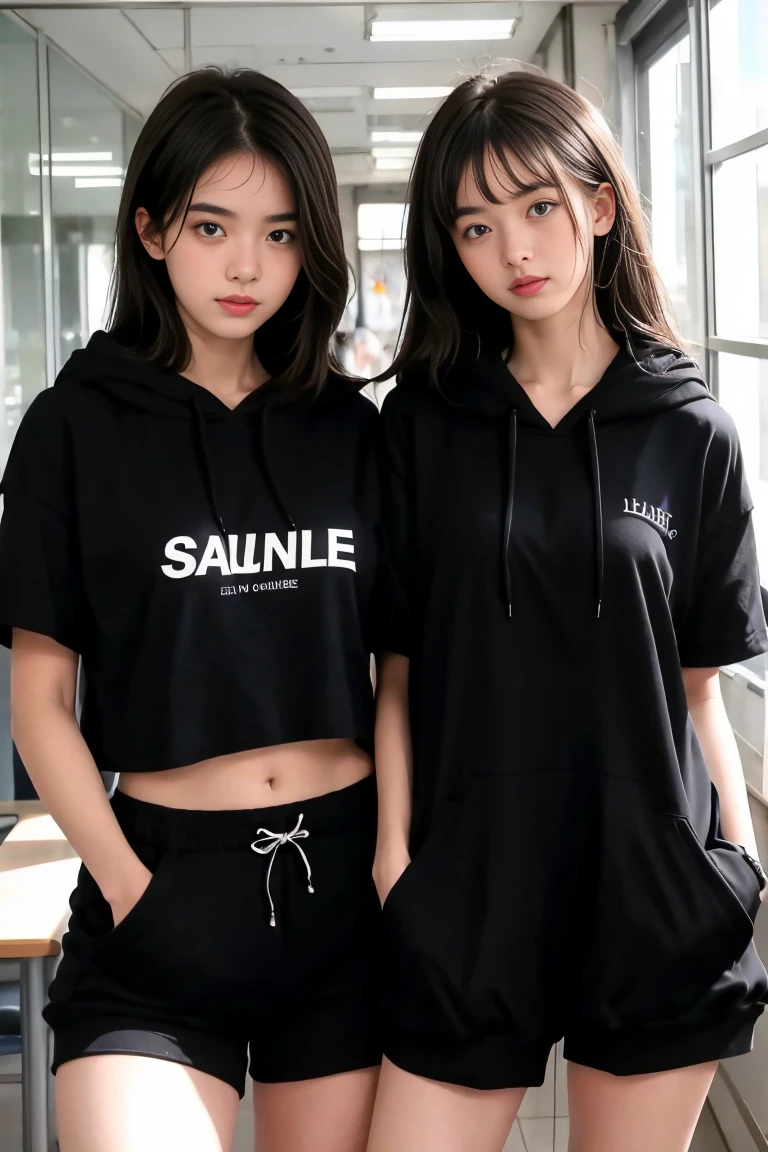 deux femmes ensemble de 18 ans sexy et mince , black short sleeve hoodie , salle de classe, se touche,position sey,sensuel