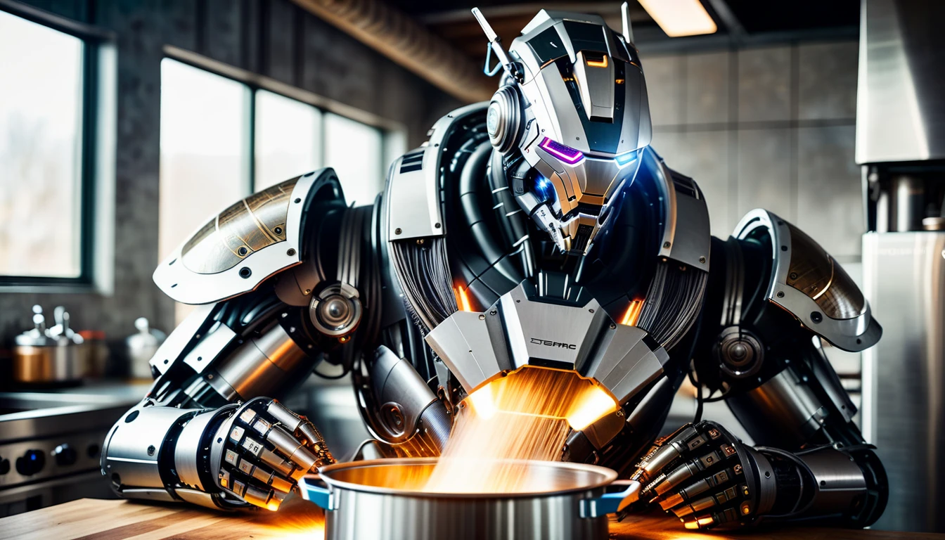 Full body shot of a humanoid cyborg robot stirs the soup in the pot on the stoves in a modern kitchen. The humanoid cyborg robot have armor and ((circuits and colored LEDs)) are embedded in. The cyborg armor made of different metallic materials, adorned in scratched and tarnished armor reminiscent of a bygone era. The armor is textured, distressed, vintage, edgy, dirty, intricate, tubes and cables. Photorealistic surface of the robot, high tech, cybertech, made of different materials. Natural lights, neutral colors, lomochrome, vintage color tones, dramatic, dynamic composition.Lifelike textures, sharp focus, depth of field, cinematic lighting, Contrast lighting, volumetric lighting, best shadows,Realism, Cinematic, Photoreal, 35mm film, Screengrab a Super Panavision film, in color. Best quality , hdr, uhd, 8k, analog camera shot.