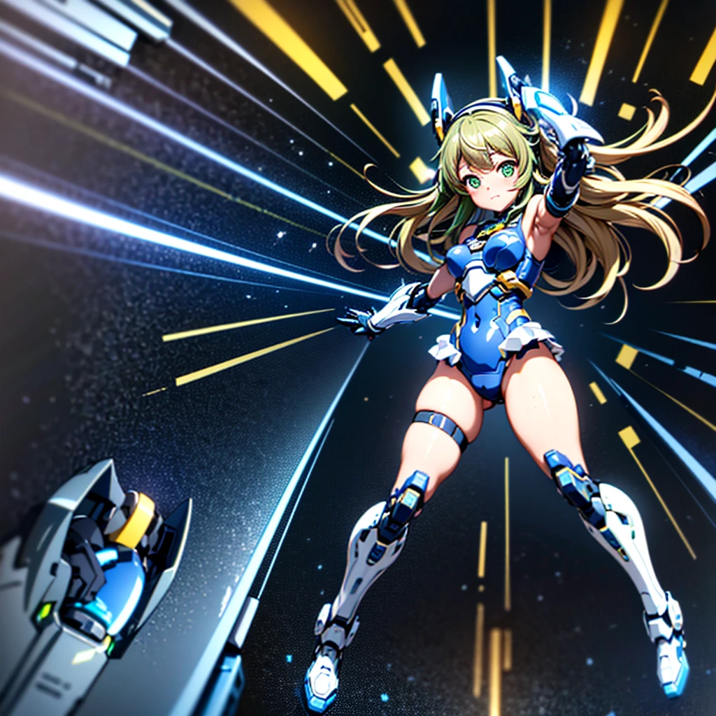 masterpiece, high quality, Cyborgization、Destroyed gynoid cyborg body、The face is of Minami Kotori.、mechanical parts、Blue and white leotard armor、solo focus、Single image、from front, full body、Mechabare、damage、The body is destroyed, exposing the precision machinery、Barcode on thigh