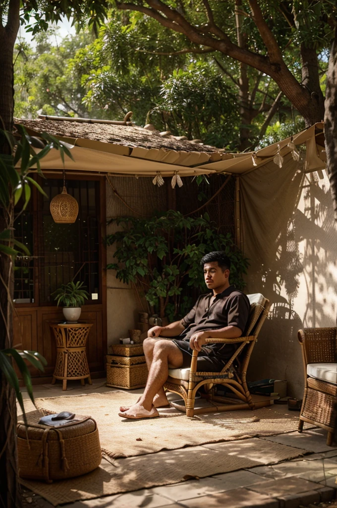 A man sits on a rattan chair in an open room right under a large tree and dollars are falling from the tree. And the name sefriansyah is written. 