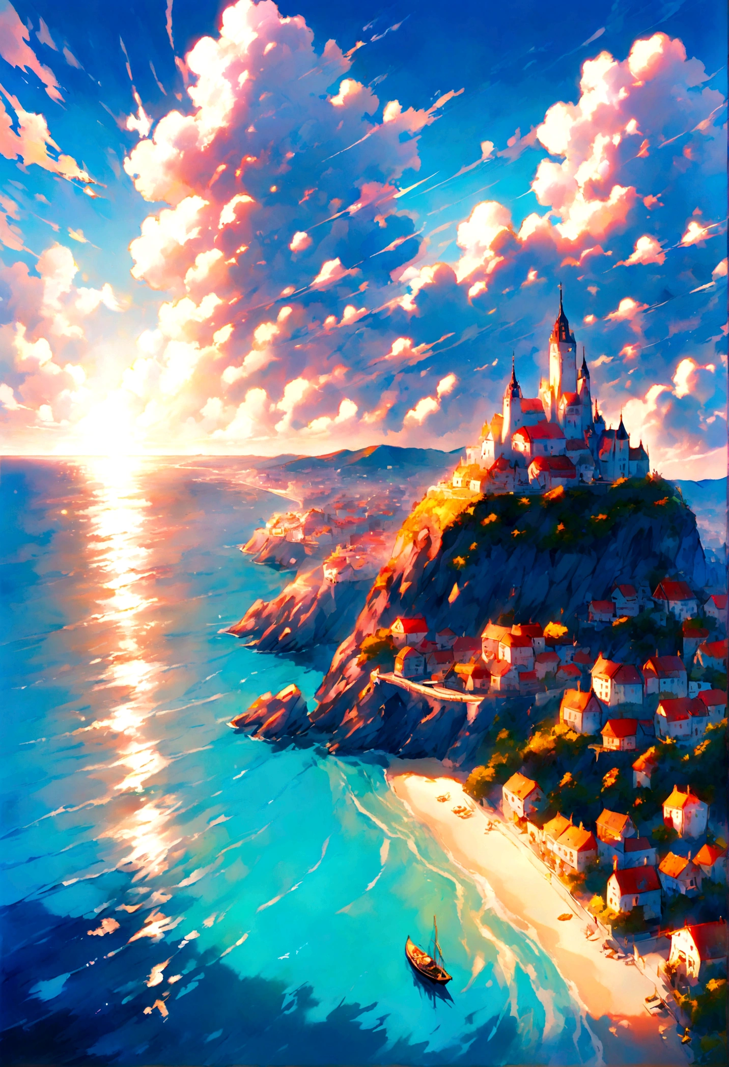 Tri-color cavalier European-style cityscape Slope overlooking the sea