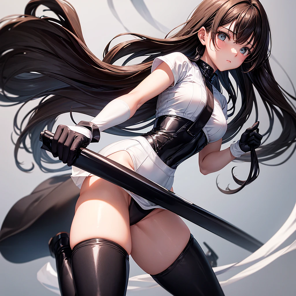 girl in a white shirt and black skirt ,in black tight tights ,brown-haired , wearing full-length rubber gloves