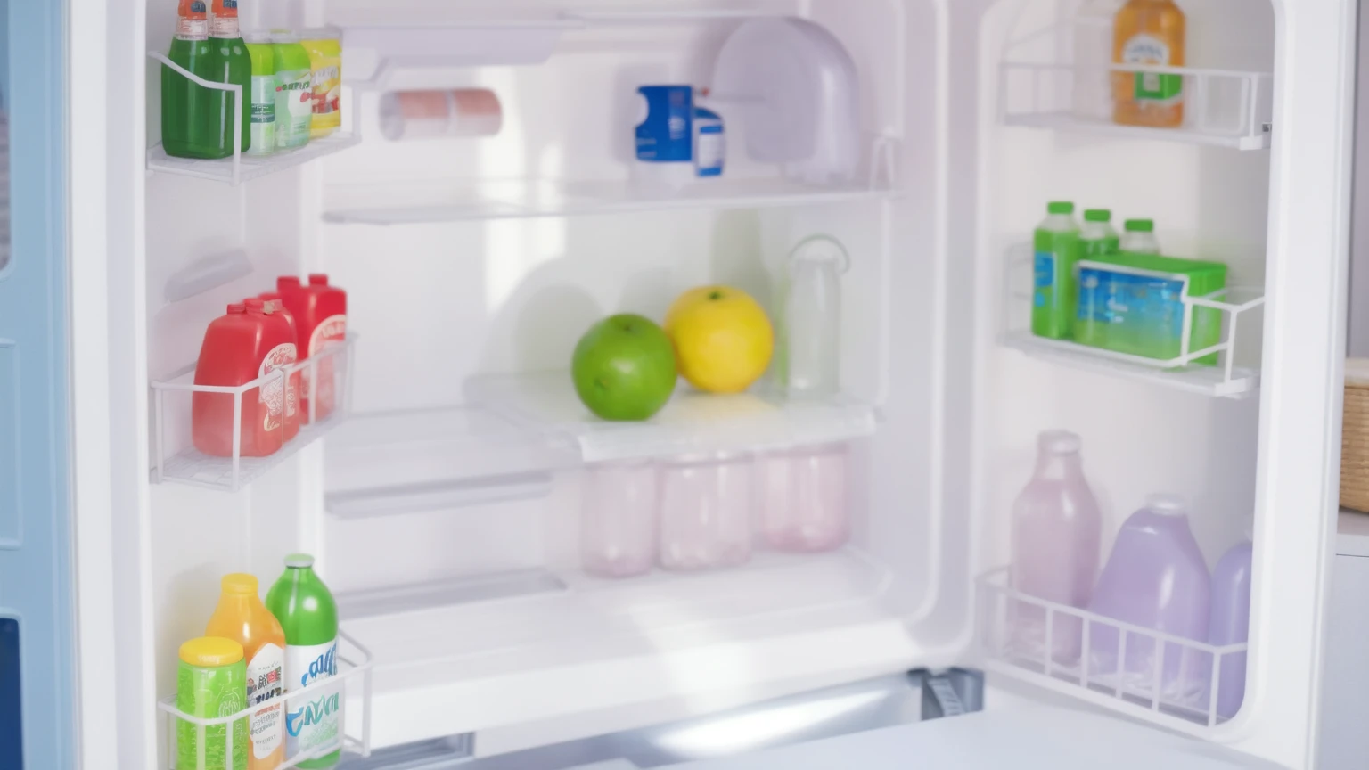 Outdoor refrigerator, shelves with products on the doors, Realistic style, realistic texture, bright lighting, high quality, Multiple light sources, high detail