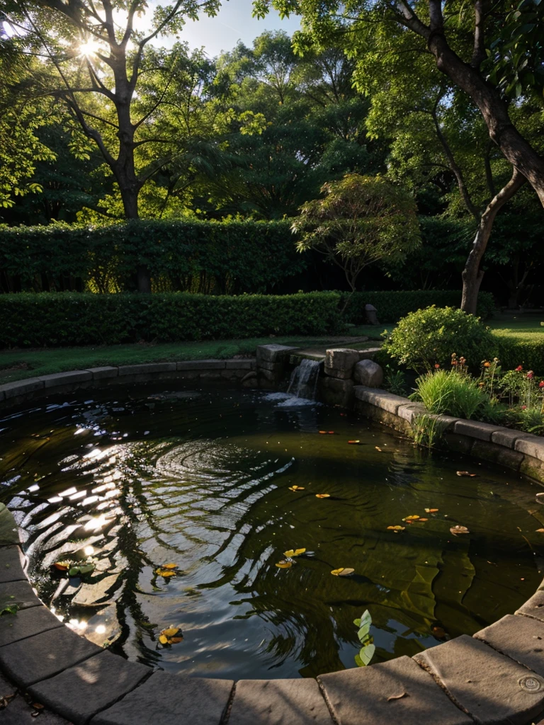 Fish pond, dramatic lighting, leaves, trees