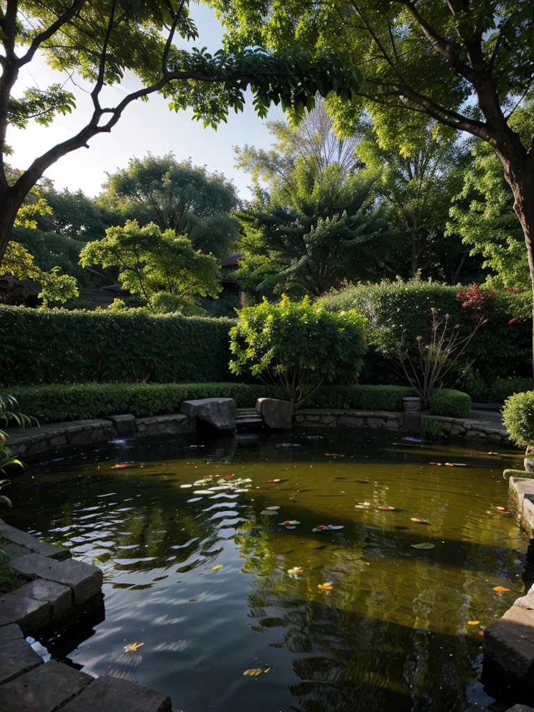 Fish pond, dramatic lighting, leaves, trees