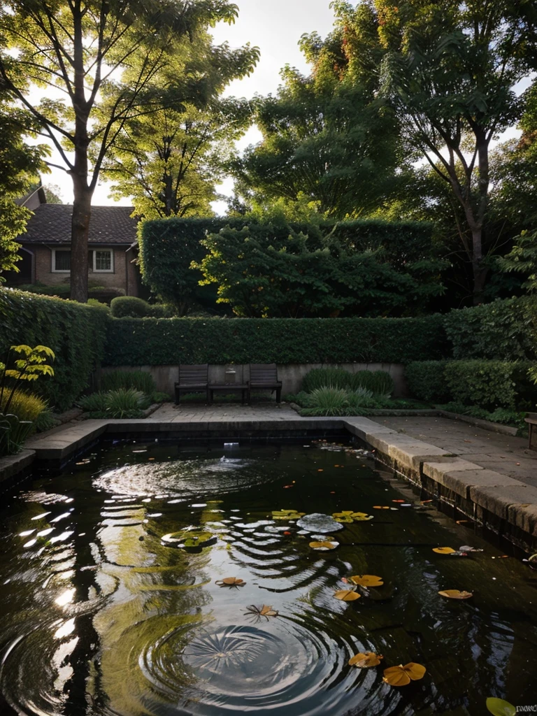 Fish pond, dramatic lighting, leaves, trees