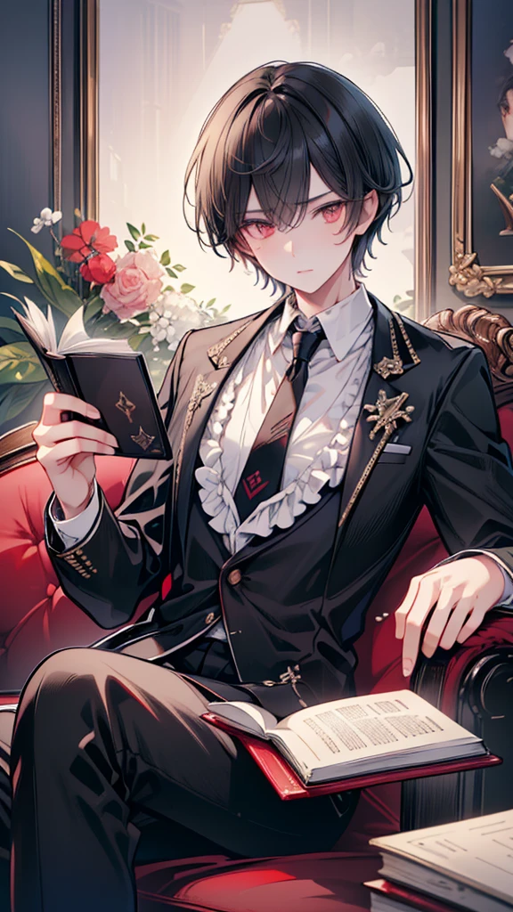 (masterpiece),(top-quality),(ultra-detailed),(hight resolution),(in 8K animation),(beautifull detailed face),(beatiful detailed eyes),(anatomically correct),(matured male:1.2),1boy,handsome,black short hair,,bangs between eyes,red eyes,white shirt,necktie, Luxurious sofa,cross his legs,reading book