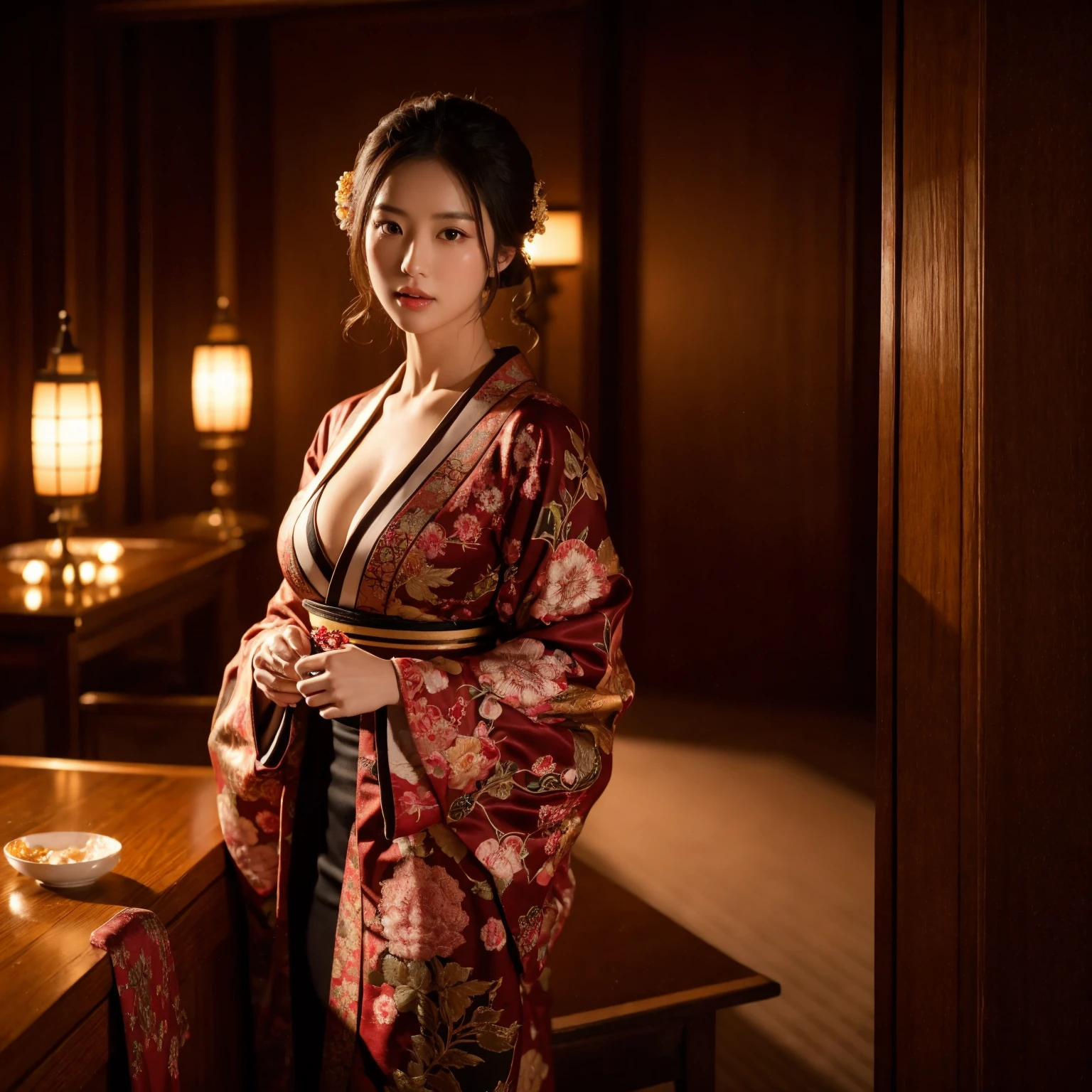 a beautiful japanese woman wearing an ornate kimono with intricate embroidery, extremely large breasts, dark lighting, cinematic, artistic composition, looking at viewer, masterpiece, ultra-detailed, 8k, photorealistic, chiaroscuro lighting, elegant, refined, graceful, serene, mystical, atmospheric