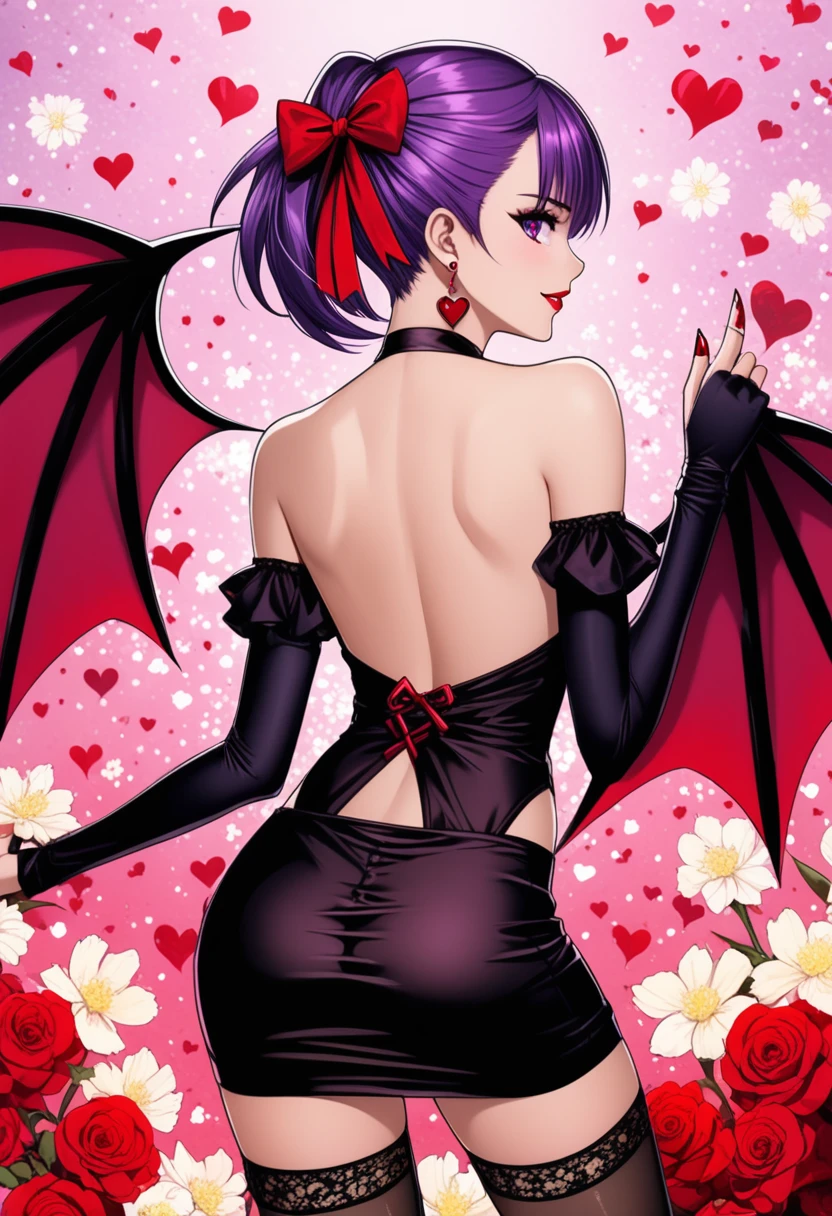 (anime, masterpiece) intricate, summer sea aestetic background, comics_darkstalkers_morrigan_aensland, 1girl, Slender hips, slim stomach, thin waist, sexy posing, back view, aesthetically pleasing rear view, looking at viewer, medium breasts, slim body, violet hair, violet eyes, skimpy black silk dress, long hair, black garter stockings, symmetrical stocking size, very short mini skirt, lingerie, heart shaped earrings, girly decorations, solo, flowers, modest smile, bright red lipstick, painted nails red, from behind