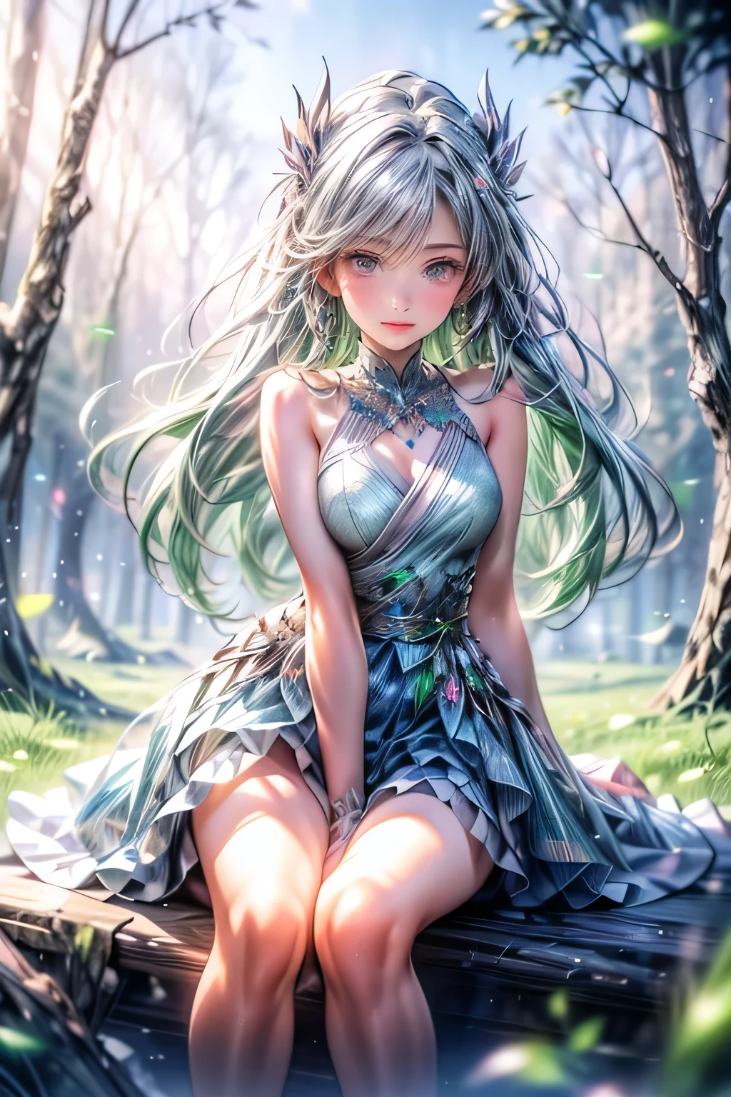 full-body view, masterpiece:1.2, highest quality, highres, 16k, ultra-realistic, photorealistic:1.37, beautifuldetailed, anime style illustration, 1girl, princess, light green hair, green forest spirit, beautiful light green hair, nature, fantastical, detailed face, beautiful light green eyes, expressive eyes, detailed lips, sitting on a branch on a high tree, legs dangling,ultra-detailed,intricate details, vibrant colors, fantasy art, digital painting, cinematic lighting, magical, cinematic angle,