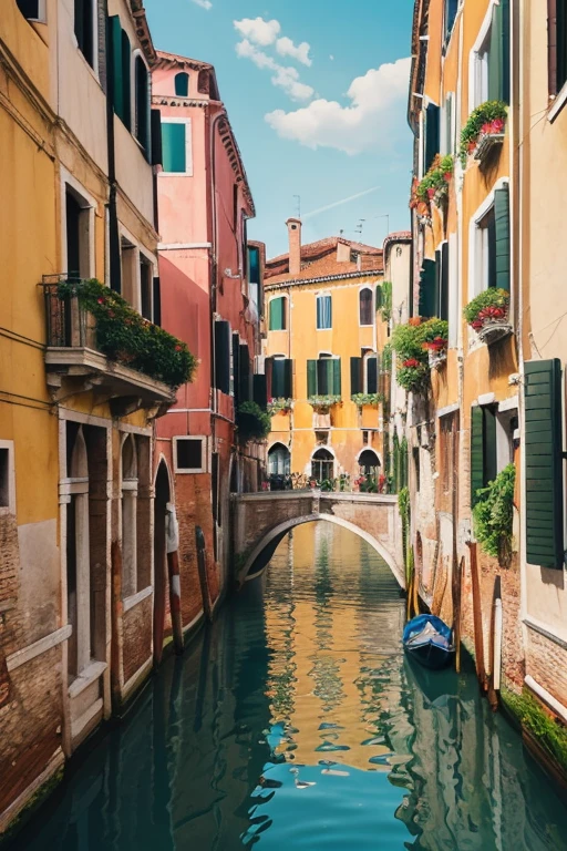 A serene canal scene in Venice, painted in the style of Alfred Sisley, featuring gondolas gently gliding through the water. The composition includes a tranquil waterway flanked by historic buildings, capturing the subtle reflections on the water’s surface. The sky is a soft gradient of blue, adding to the calm atmosphere. Horizontal lines of the canal and vertical lines of the buildings create a balanced and structured composition. Gracefully arched bridges span the canal, drawing the viewer’s eye into the depth of the scene. The gentle play of light and shadow highlights the textures of the architecture and the water. Gondolas, with their gondoliers, navigate the canal, adding a dynamic yet peaceful element. The overall effect is one of peacefulness and gentle beauty, characteristic of Sisley’s impressionist style.