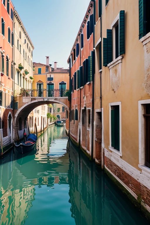 A serene canal scene in Venice, painted in the style of Alfred Sisley, featuring gondolas gently gliding through the water. The composition includes a tranquil waterway flanked by historic buildings, capturing the subtle reflections on the water’s surface. The sky is a soft gradient of blue, adding to the calm atmosphere. Horizontal lines of the canal and vertical lines of the buildings create a balanced and structured composition. Gracefully arched bridges span the canal, drawing the viewer’s eye into the depth of the scene. The gentle play of light and shadow highlights the textures of the architecture and the water. Gondolas, with their gondoliers, navigate the canal, adding a dynamic yet peaceful element. The overall effect is one of peacefulness and gentle beauty, characteristic of Sisley’s impressionist style.