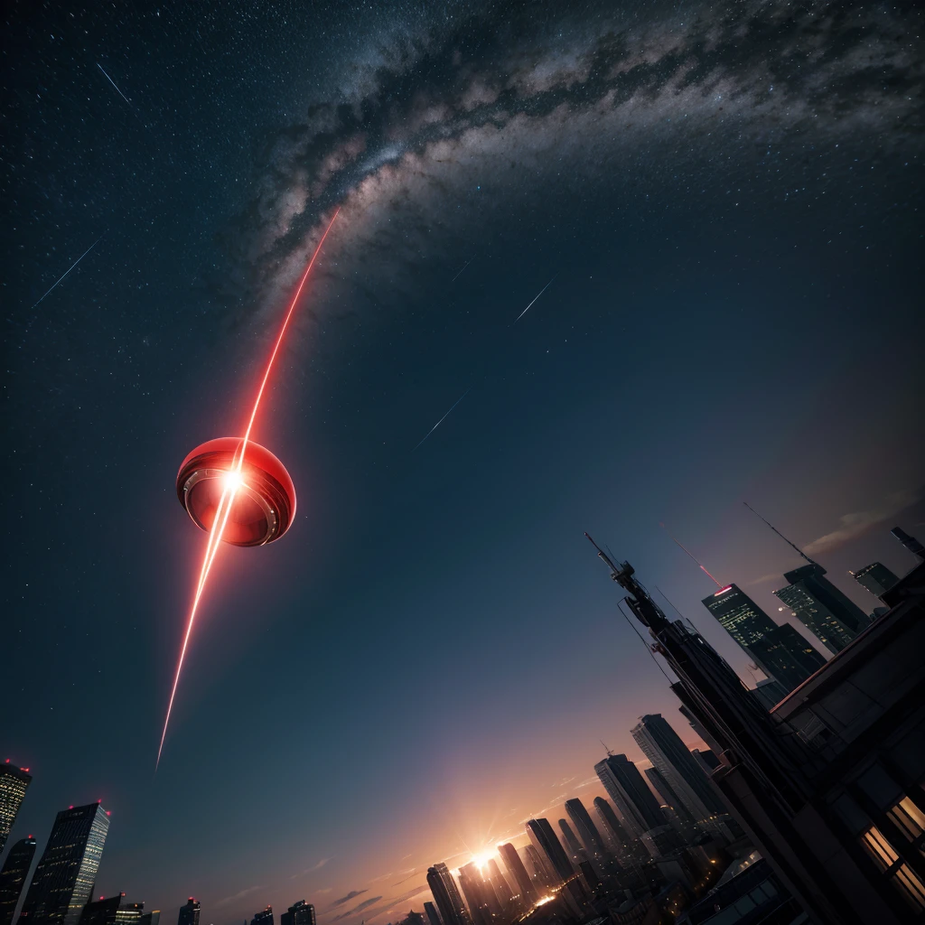 metallic blood red UFO seen up close during the day in the sky of a large city,
making a 90º turn at the speed of light, with a luminous trail of its trajectory