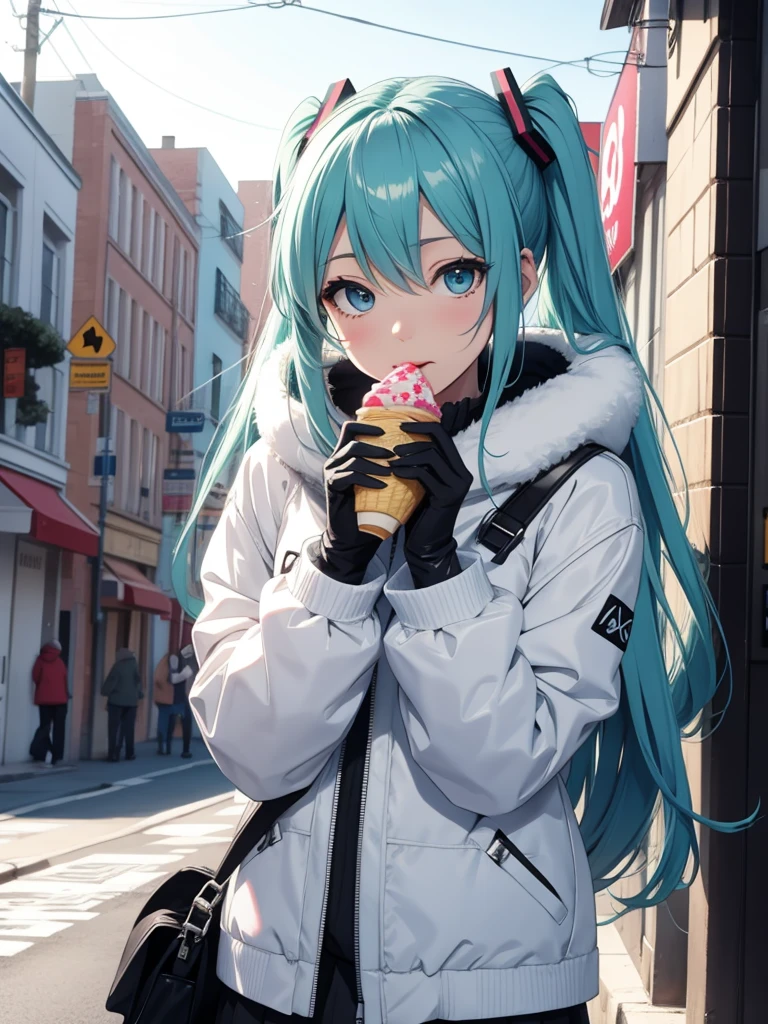 hatsune miku, licking ice cream, winter clothes, gloves
