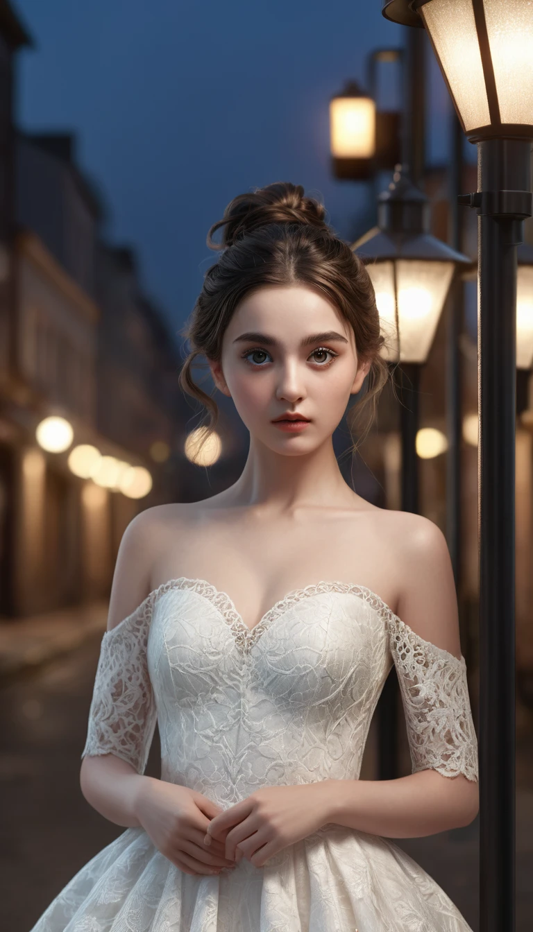 masterpiece, (front focus), surrealist female portrait, fantasy art, realism, dynamic lighting, art station, poster, volumetric lighting, highly detailed face, black and fluffy eyes, shiny pupils,4K, award-winning, 1 girl, understated,fullbody shot, (official attire: 1.4,white lace gown), street light, dark brown hair,