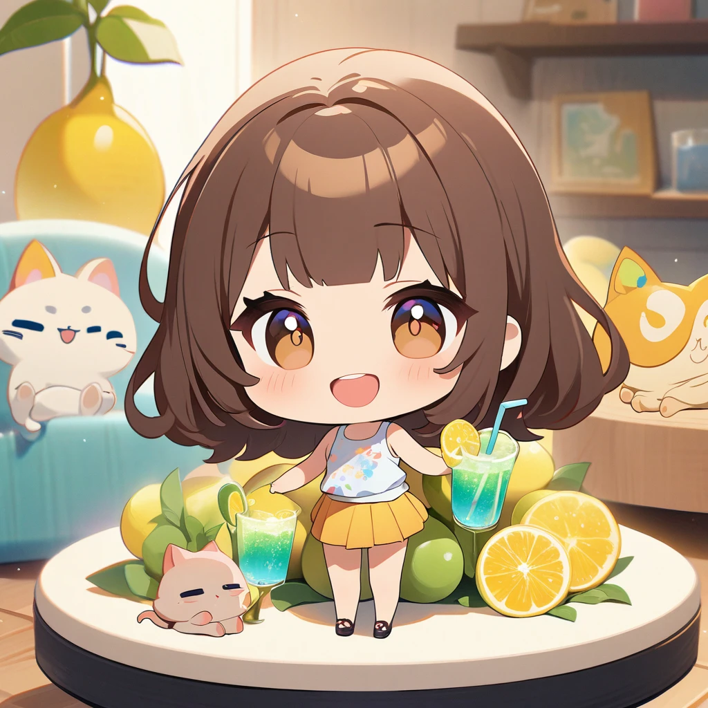 masterpiece、Highest quality、Depth of subject、2D illustration、1 beautiful girl、独奏, (((chibi style)))、Long, beautiful hair、shiny brown hair、cute、Beautifully detailed eyes、((Tank top))、a glass of lemon soda, ((colorful))、mini skirt、((happy smile))、((kitten cluster)), ((full body shot))、((in the room))、((There's a lot of pink around))、Thighs、((vivid color))、sparkle、((Lens flare))、