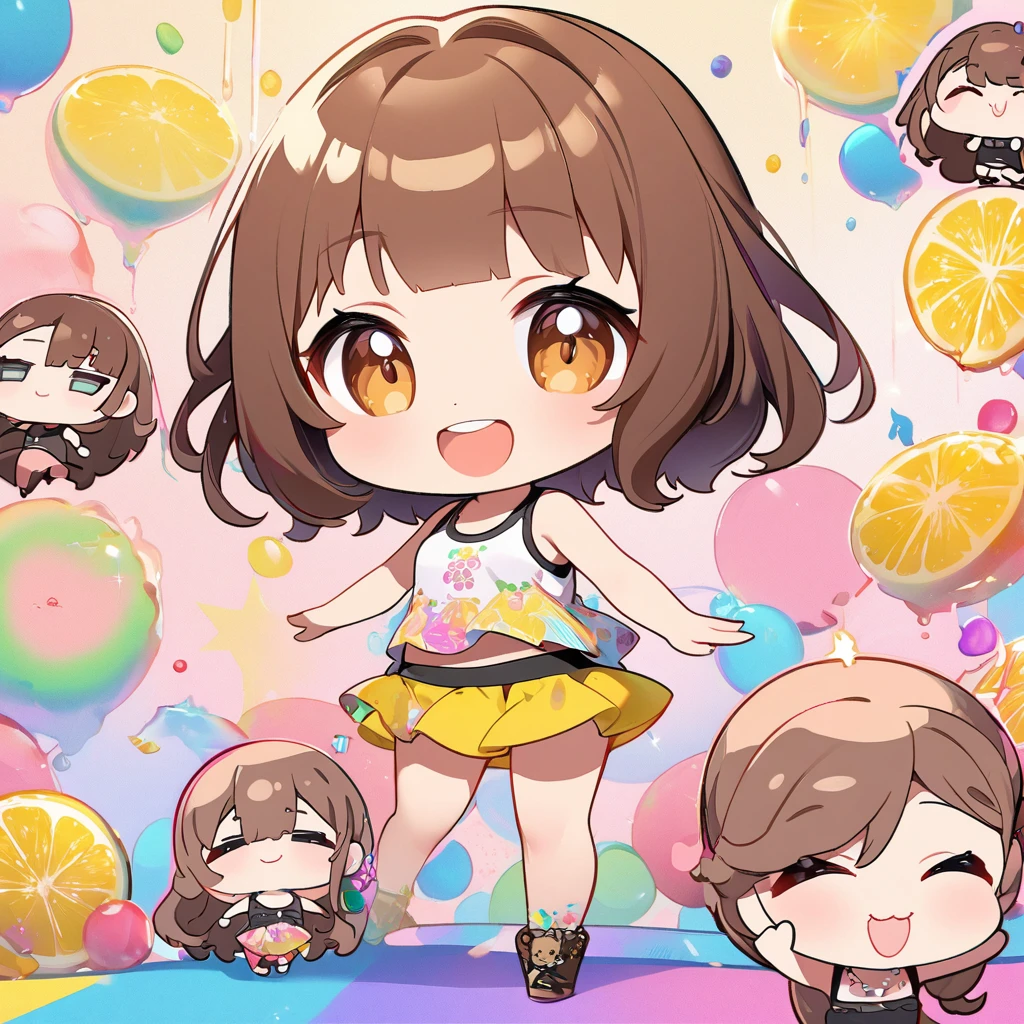 masterpiece、Highest quality、Depth of subject、２D illustration、1 beautiful girl、独奏, (((chibi style)))、Long, beautiful hair、shiny brown hair、cute、Beautifully detailed eyes、((Tank top))、a glass of lemon soda, ((colorful))、mini skirt、((happy smile))、((kitten cluster)), ((full body shot))、((in the room))、((There&#39;s a lot of pink around))、Thighs、((vivid color))、sparkle、((Lens flare))、