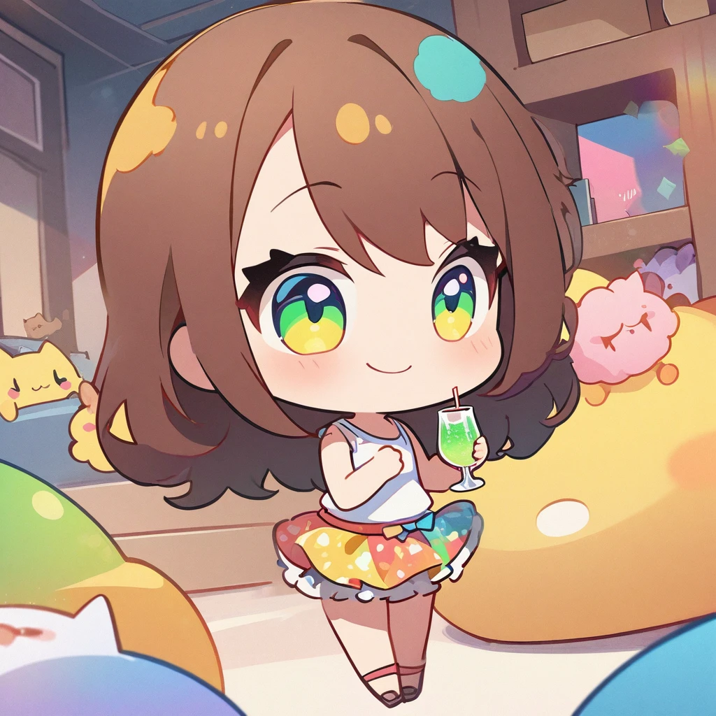 masterpiece、Highest quality、Depth of subject、2D illustration、1 beautiful girl、独奏, (((chibi style)))、Long, beautiful hair、shiny brown hair、cute、Beautifully detailed eyes、((Tank top))、a glass of lemon soda, ((colorful))、mini skirt、((happy smile))、((kitten cluster)), ((full body shot))、((in the room))、((There's a lot of pink around))、Thighs、((vivid color))、sparkle、((Lens flare))、