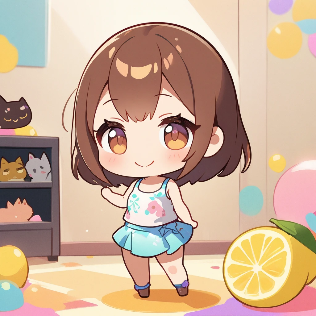 masterpiece、Highest quality、Depth of subject、２D illustration、1 beautiful girl、独奏, (((chibi style)))、Long, beautiful hair、shiny brown hair、cute、Beautifully detailed eyes、((Tank top))、a glass of lemon soda, ((colorful))、mini skirt、((happy smile))、((kitten cluster)), ((full body shot))、((in the room))、((There&#39;s a lot of pink around))、Thighs、((vivid color))、sparkle、((Lens flare))、