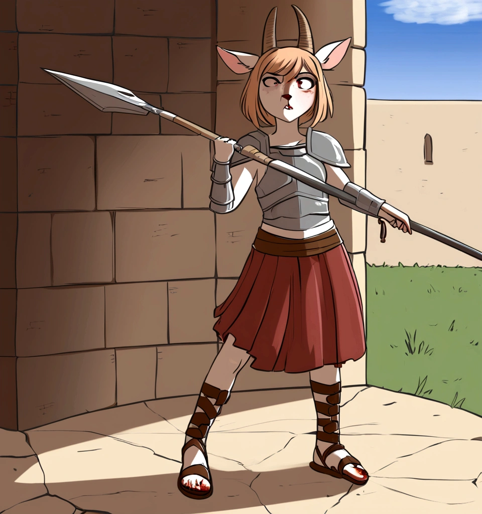 1girl, furry, furry_female, goat_ears, goat_girl,  solo, wearing full body plate armor, gladiator skirt, gladiator sandals, humanoid feet, holding a spear, nosebleed,bloody nose