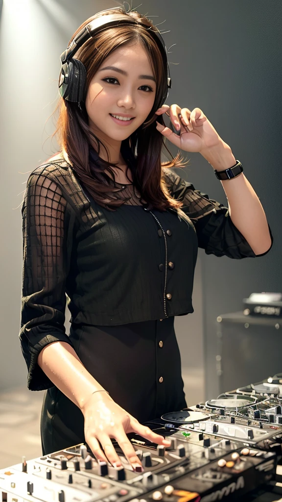 (ultra - detailed, 16K resolution, Cinema lenses, rendering by octane), (high resolution:1.18), intricate detail, (masterpiece:1.1), (highest quality:1.1),1 chinese-Indonesian girl, modern plain hijab, shy, medium portrait, watery eyes, wearing  green kebaya, ((big breasts)), well-proportioned body,, chubby massive thighs, Hena art on the body, hena art the face, Wearing silver DJ headphones,  Smile while DJing on stage,  The spotlight shines on the female DJ. Photorealistic photography by Disco Lighting, (cute round face:1.3), perfect fingers, five fingers, beautiful hands, perfect hands. master peace, cute smile.