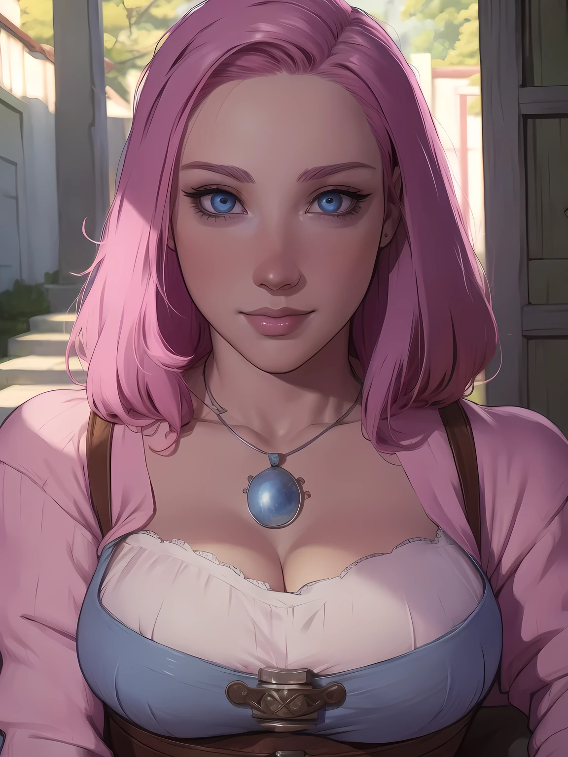 solo, ((Madeleine)), attractive female face, blue eyes, ((pink hair)), ((hair over one eye)), intense happiness expression, smile, dress, cleavage, necklace, large breasts, corset, long sleeves, a necklace around her neck, outdoors, marketplace, fantasy, | (8k, RAW photo, best quality, masterpiece:1.2), ultra-detailed, (high detailed skin:1.2), 8k uhd, dslr, soft lighting, high quality, (centered:1.2), ((LOOKING at the VIEWER)), asura, film grain, highly detailed shading, ((perfect_hands):1), Goodhands-beta2, Detailed eyes, perfect face, perfect eyes, Detailed face, ((a manga drawing by Kentaro Miura)),