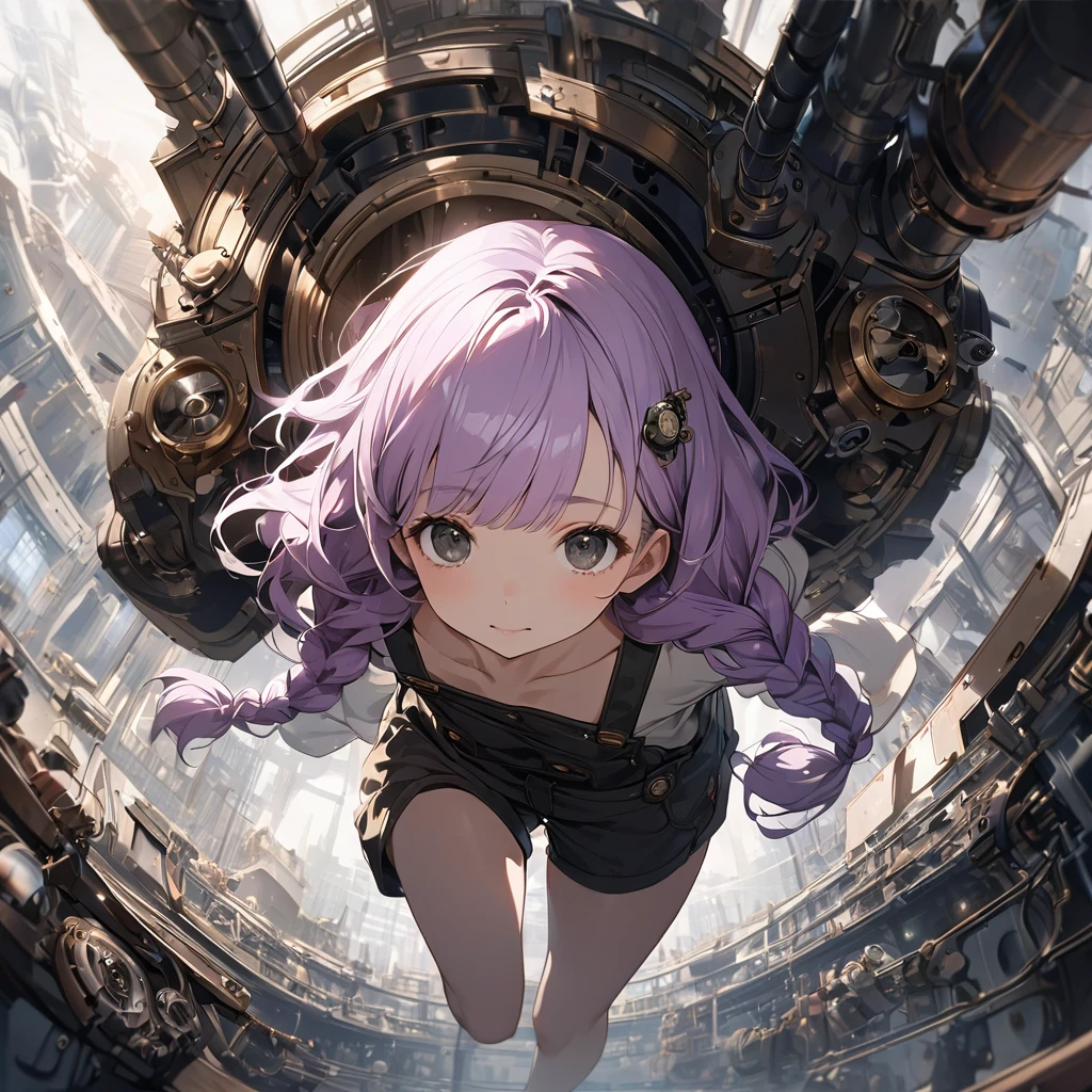 masterpiece, Super detailed, 8K, Blue skyscraper background, Full Body Shot, Angle looking up from below.Happy, girl, cute, Bright atmosphere, Mysterious atmosphere, (Cute girl:1.5), (girl with closs hair pin,Light purple hair,Two wavy braids,Blunt Bang Hair,Green and black eyes :1.4), Anime Visual, (Tilt your head:1.3), Very delicate face, Soft Clean Focus, Realistic lighting and shading, (Very delicate and beautiful art:1.3), (Calm colors:1.1), Small breasts,slim,Steampunk World, Part of a laboratory surrounded by machines, girl with pale-purple hair tied in two braids, Overalls、goggles、Wear a mask, Operating a machine,
The control panel has a dull colored mechanical arm shining on it., The girl is welding parts, View from diagonally above,