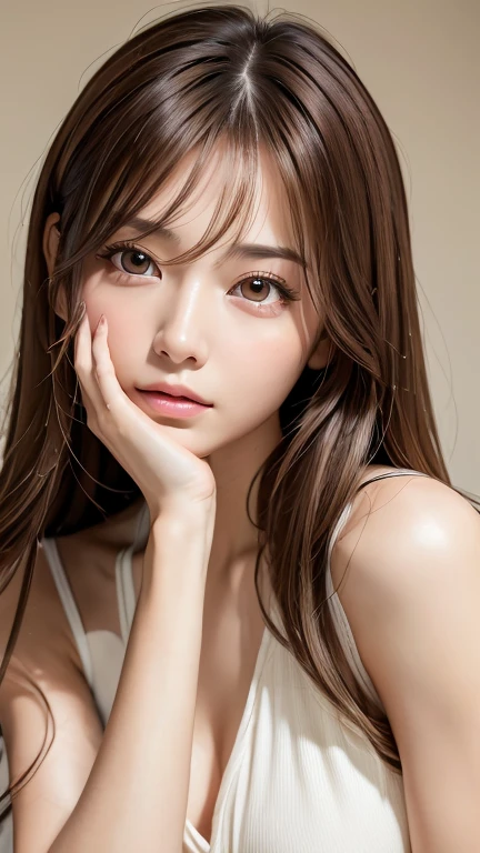 Depth of written boundary, real, Realistic, Very detailed, beautiful, thin, cute, 20th Generation, beautiful features, actress, mature, Upper Body, Light Brown Hair, Thin Hair, Small face, Live Action, Highest quality, Highly detailed CG Unity 8K wallpaper, Ultra-high resolution, Natural Fashion, Lighting, Medium Hair, (Puffy eyes), model diagram, Add light to your hair, Turning Pose, Ash Brown Hair, Model pose, Studio shot, White Background, Delicate skin types, Light wavy hair that is close to straight hair, Put your hands around your mouth, Adult clothing, Hair model photoshoot, Hair blowing in the wind, Transparent Hair, thin髪の細さ, Soft Hair, Fine skin, Bright photo, Less hair, Pull angle, professional Lighting, Realistic light, Realistic shadow, Natural light, Soft Light, Beige Hair、sheer、Show your forehead