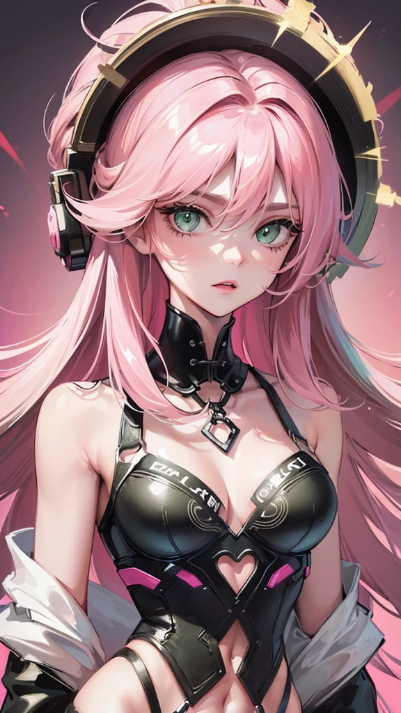 Photograph of the upper body of a beautiful woman, , [see through] , (big breasts), (small waist, perfect body), Sharp focus, (tall body, mature woman), ((Looking ahead)), (Highly detailed skin, hair follicles:1.4,) (pink long hair,green eyes) , (Bright face)
punk rock