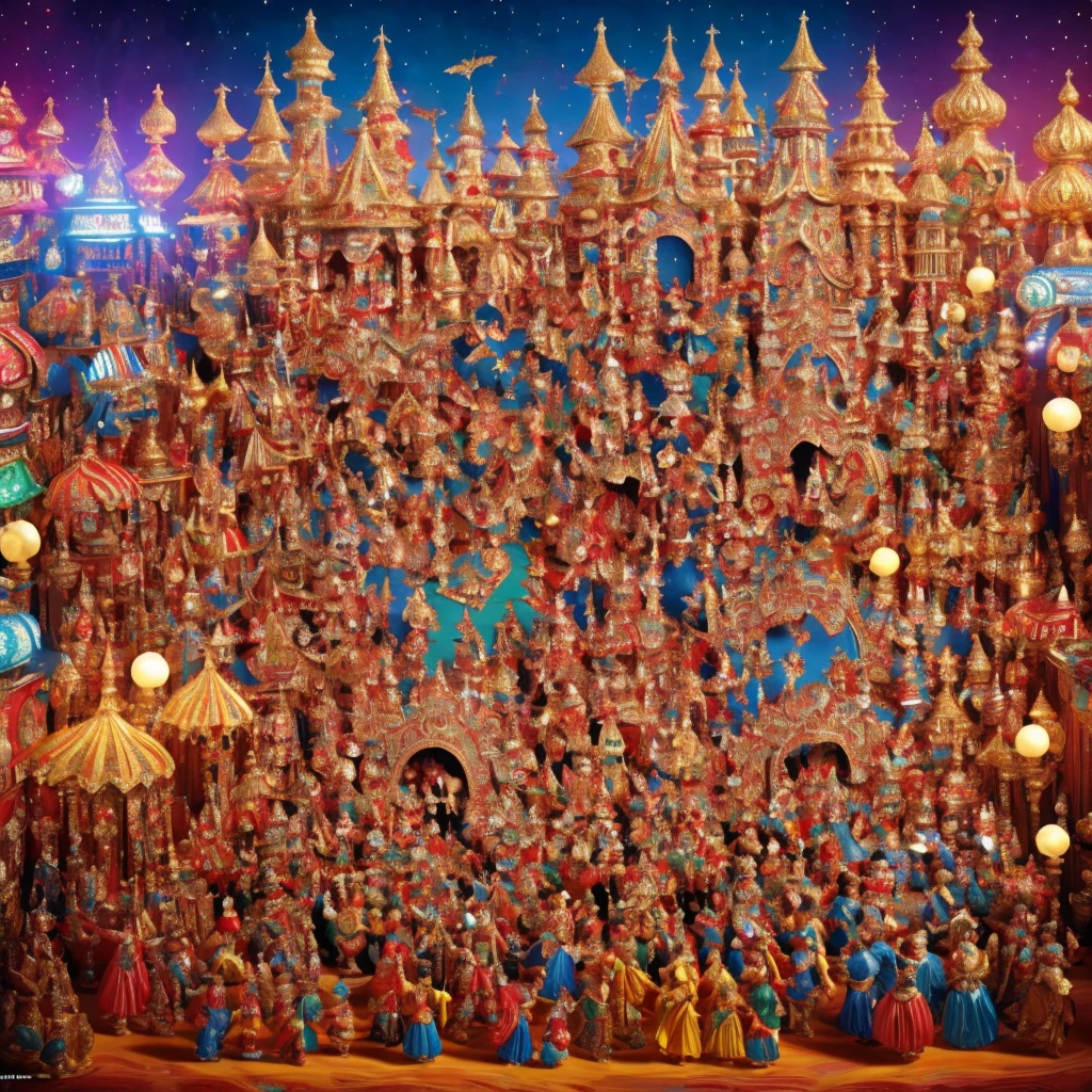 fantastic allegorical carnival float, highly detailed, intricate design, vibrant colors, elaborate costumes, festive atmosphere, ornate decorations, whimsical characters, dynamic motion, stunning visual spectacle, cinematic lighting, dramatic shadows, photorealistic, masterpiece, 8k, hyperrealistic