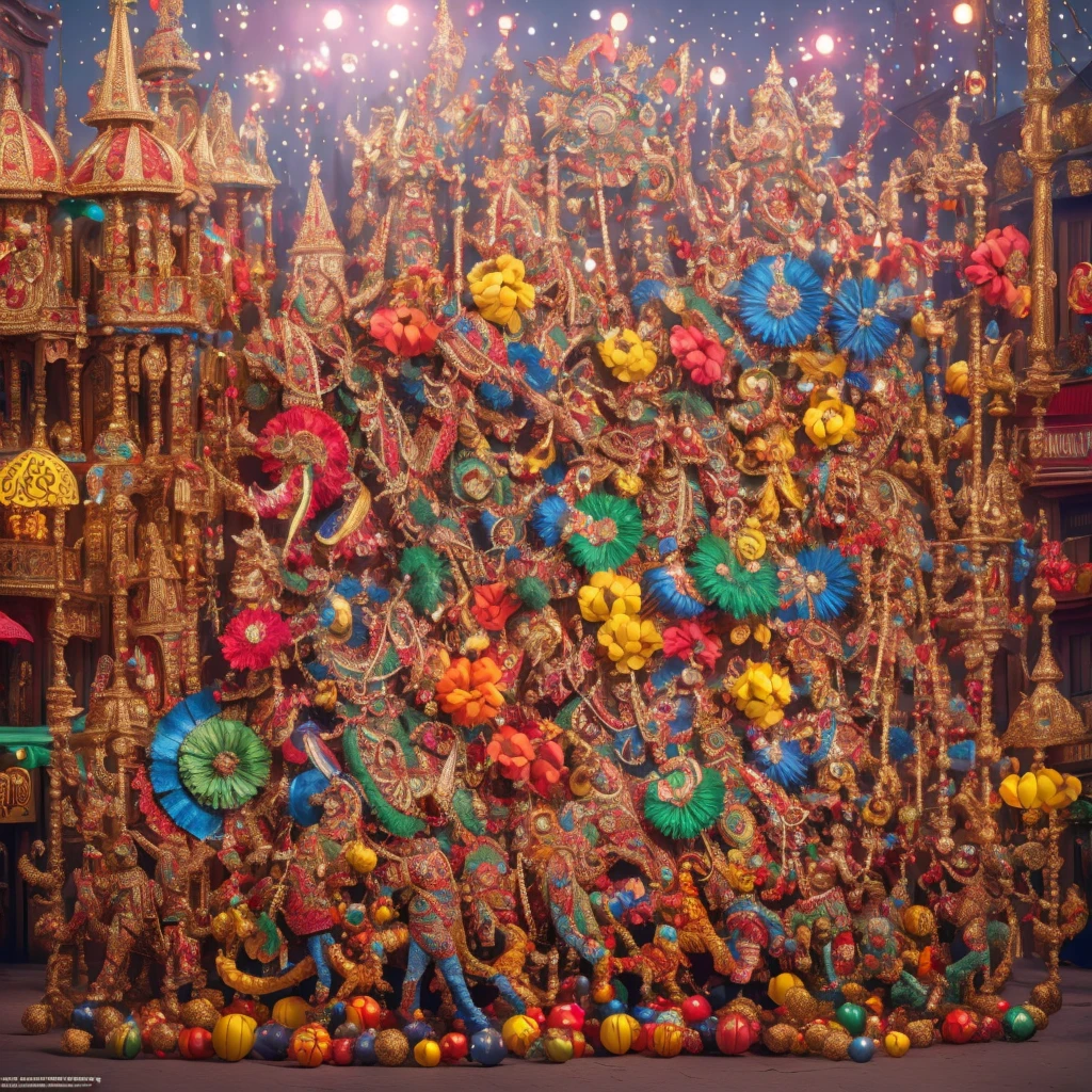 fantastic allegorical carnival float, highly detailed, intricate design, vibrant colors, elaborate costumes, festive atmosphere, ornate decorations, whimsical characters, dynamic motion, stunning visual spectacle, cinematic lighting, dramatic shadows, photorealistic, masterpiece, 8k, hyperrealistic