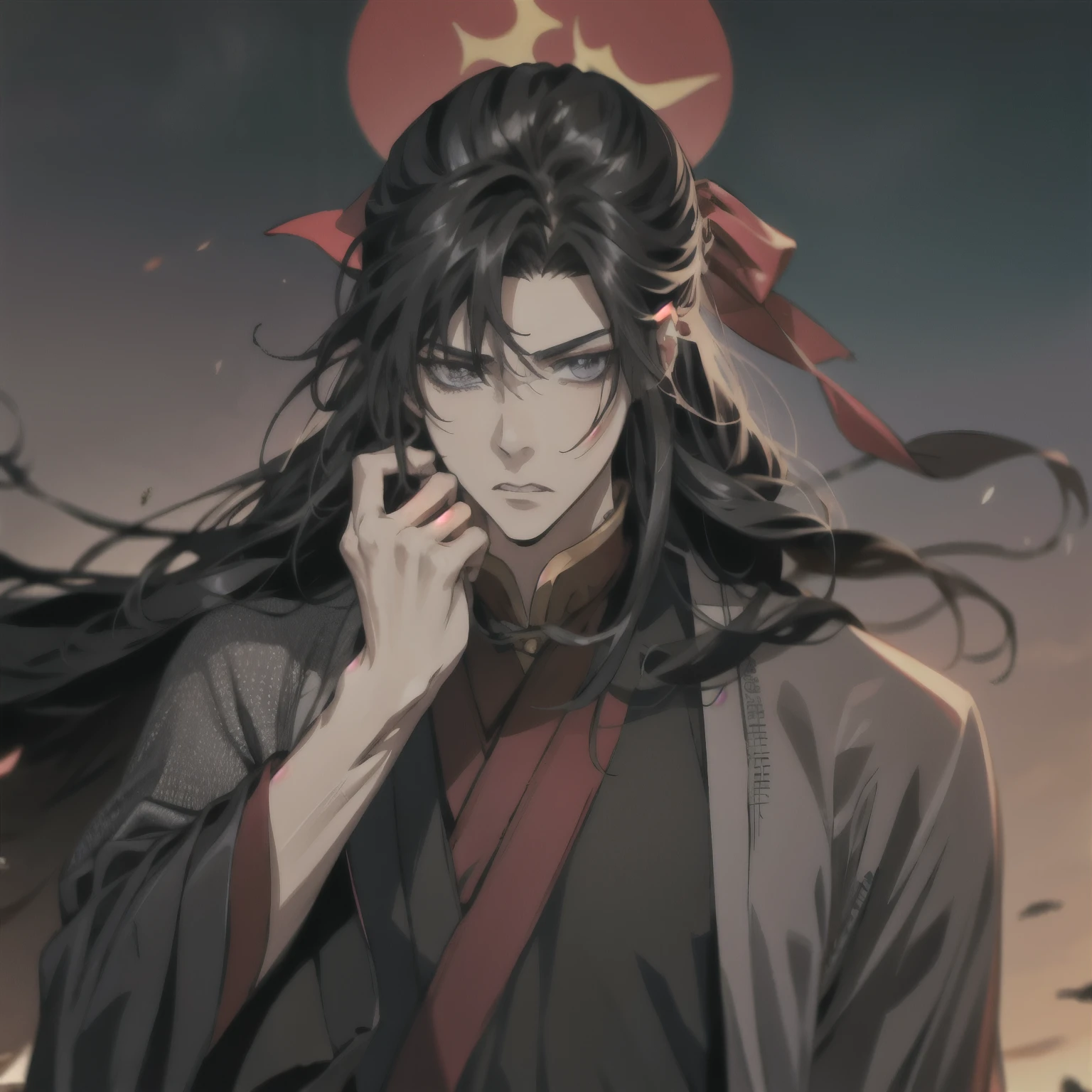 (masterpiece, best quality:1.2), 1male, solo, wei wuxian, mo dao zu shi, mdzs, black clothes, grey eyes, long black hair, perfect anatomy, angry