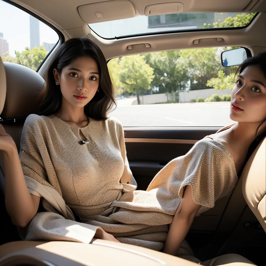 a man sitting in the back seat of a car, a portrait, tumblr, retrofuturism, polkadots, freida pinto, vintage dress, 💣 💥