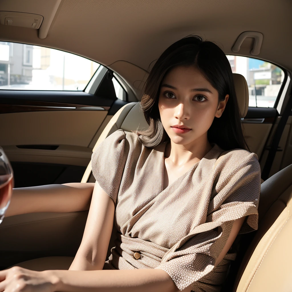 a man sitting in the back seat of a car, a portrait, tumblr, retrofuturism, polkadots, freida pinto, vintage dress, 💣 💥