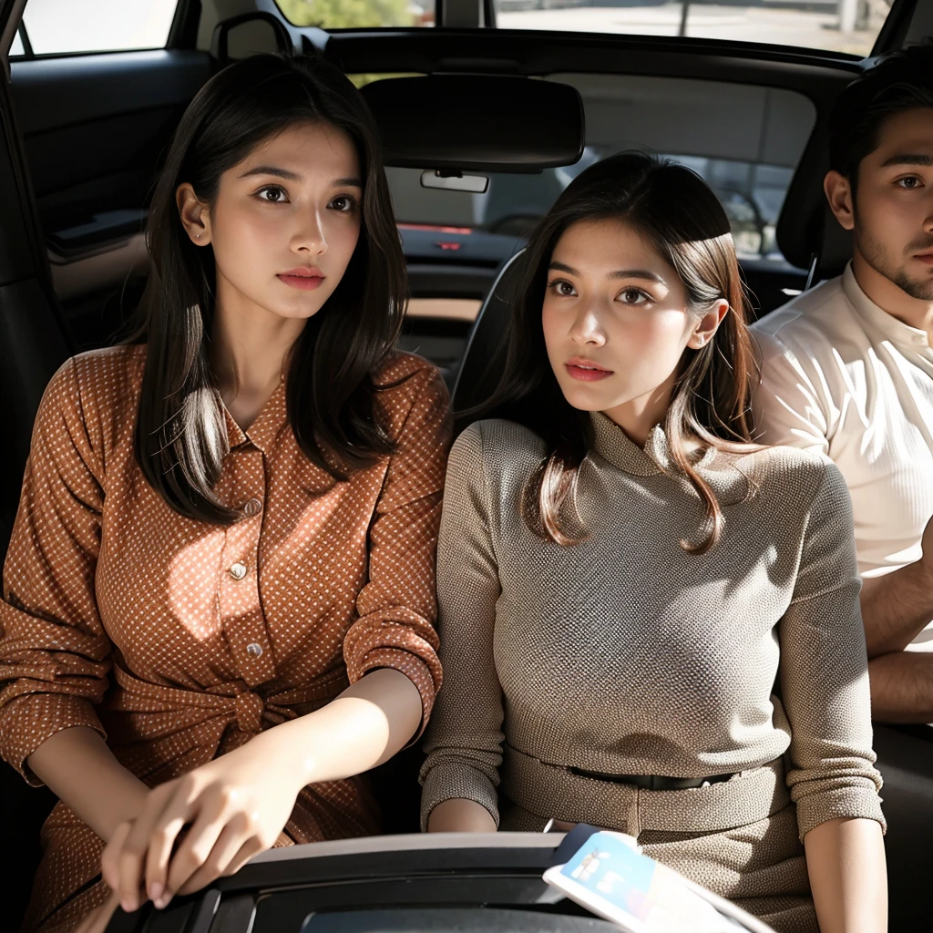 a man sitting in the back seat of a car, a portrait, tumblr, retrofuturism, polkadots, freida pinto, vintage dress, 💣 💥