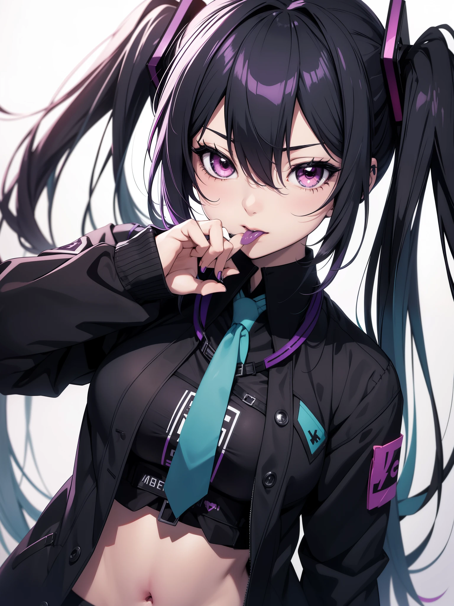hatsune miku, emo, goth, black and purple hair, red eyes, school wear, showing the tongue, big tits
